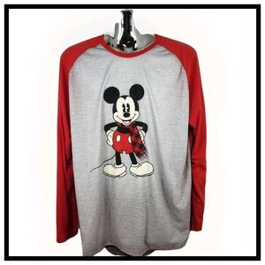 Disney Mickey Mouse Mens LS T Shirt 2XL Red Gray Muffler‎ Scarf 100% Polyester
